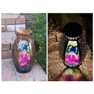 Barbara King 19.5" Illuminated Botanical Press Glass Lantern Butterfly & Flowers